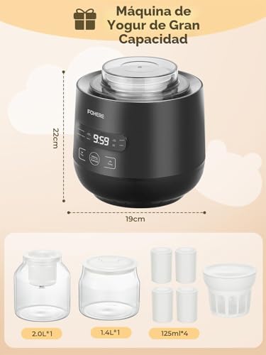 FOHERE Yogurt Maker with 2 XXL Jars Capacity 2000 ml and 1400 ml, 4 x 125 ml Cups and Lid, 8 Preset Programs, LCD Display, Timer, Power 20 W, BPA-Free