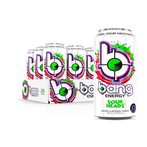 BANG ENERGY SOUR HEADS, SUGAR-FREE ENERGY DRINK, 16-OUNCE (PACK OF 12)