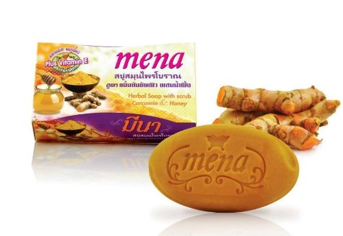 Mena Herbal Soap with Scrub Curcumin Honey Anti-aging Acne Dark Spot Soap 100g. Cheap Price From Thailand