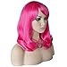 RightOn Shoulder Length Wavy Synthetic Wigs with Bangs Wig Cap Included (Hot Pink)