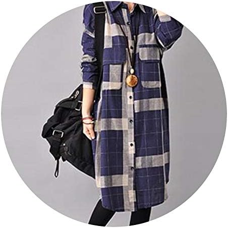 DQWGU Shirt better-caress Long Sleeve Dress Female Loose Linen Plaid Dress Vintage Plus Size Women Clothing