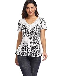 Women's Paisley Printed Tops Long Sleeve Henley Lace V Neck Pleated Casual Ruched Front Flare Blouse Floral Print Shirts