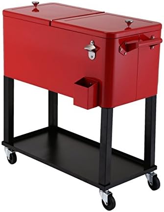 UPHA 80 Quart Rolling Ice Chest Portable Patio Party Bar Drink Entertaining Outdoor Cooler Cart on Wheels with Shelf,Red