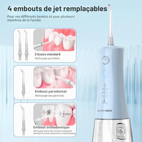 jet dentaire, irrigateur buccal sans fil, fil dentaire électrique, 5 modes pression, étanche IPX8, irrigateur buccal portable, kit nettoyage dents, QR-7102 (Bleu Pastel)