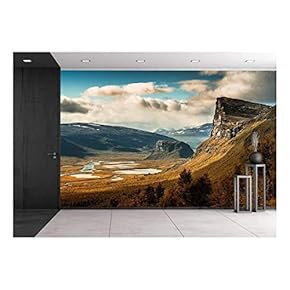 Autumn Landscape with Mountain Under White Clouds - Removable Wall Mural | Self-Adhesive Large Wallpaper - 66x96 inches
