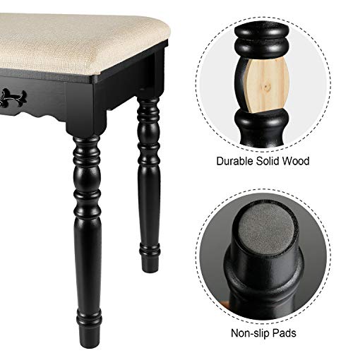 URFORESTIC Vanity Stool, Modern Makeup Dressing Stool with Concave Seat Surface, Padded Bench with Rubberwood Legs, Capacity 286lb, Easy Assembly (Black) - Thumbnail 3