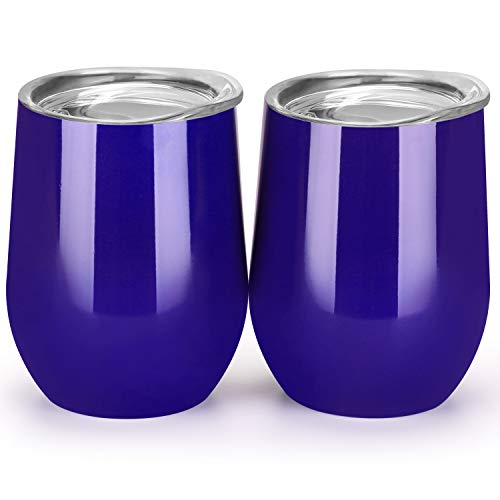 MASCOTKING Wine Glasses Tumbler - 12 oz 2 Pack - Double Wall Vacuum Insulated Cup with Lids for Keeping Wine, Coffee, Drinks - Beverage Warm in Winter - Christmas Present (2PACK 12oz, Dark Blue02)
