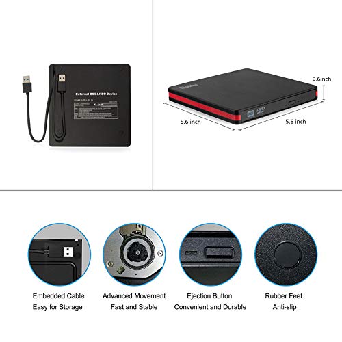 Rioddas External CD Drive USB 3.0 Portable CD DVD +/-RW Drive Slim DVD/CD ROM Rewriter Burner Writer Compatible with Laptop Desktop PC Windows Linux OS Apple Mac (Black-usb3.0)