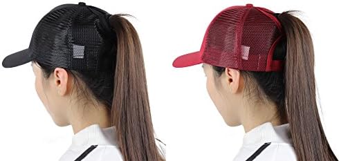 Sven Home Ponytail Baseball Hat Trendy Messy Buns Trucker Visor Cap Dad Hat Mother Gift Ponytail(Black+Red 2pcs)