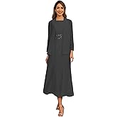 2 Pieces Tea Length Mother of The Bride Dresses Long Sleeve Chiffon Formal Wedding Guest Dress with Jacket