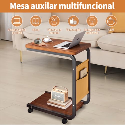 RUKKOVIL Mesa Auxiliar Sala con Ruedas, Mesa para Cama de Noche 2 Niveles en Forma de C, Mesitas para Sala con Estructura de Metal, Dormitorio, Trabajar Desde Casa, para Estudiar, Salón