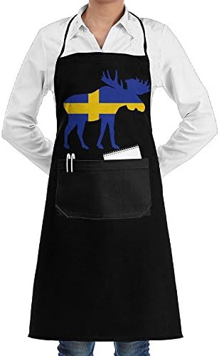 Unisex Long Aprons Swedish Flag And Moose Coffee Shop Sleeveless Anti-Fouling Overalls Portable Pocket Design