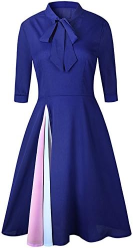 Desirca Casual Woven Office Dress Spring Vintage Party Dresses Half Sleeve Bow Tie Plus Size Women Blue S
