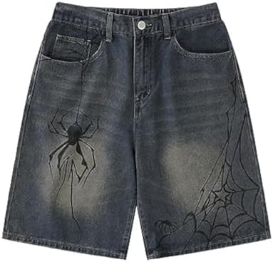 Men's Blue Jean Loose Shorts Baggy Casual Y2K Gothic Spider