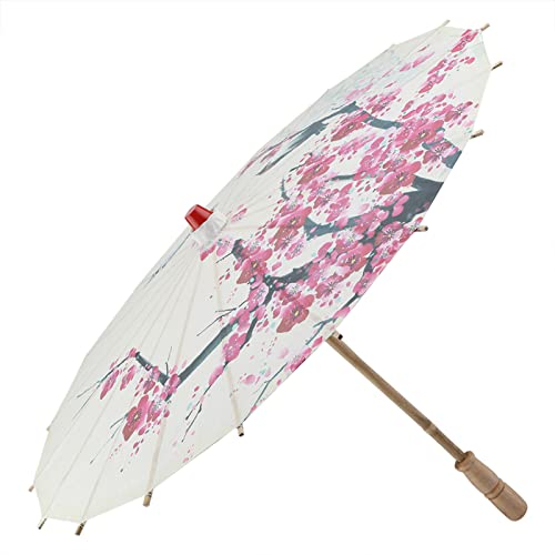 Handmade Umbrella Oil Paper Classical Painting Plum Blossoms Dancing Props Retractable Rainproof Parasol with Wooden Handle-55cm diameter