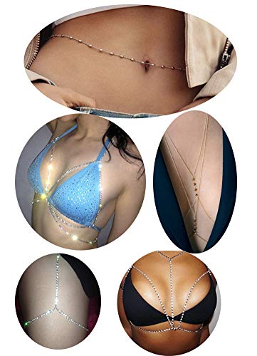 Ofeiyaa 4PCS Body Chain Jewelry Bra Chain Retro Waist Belt Chain Suit Bikini Beach Boho Chain Set Women Girls Gold Tone