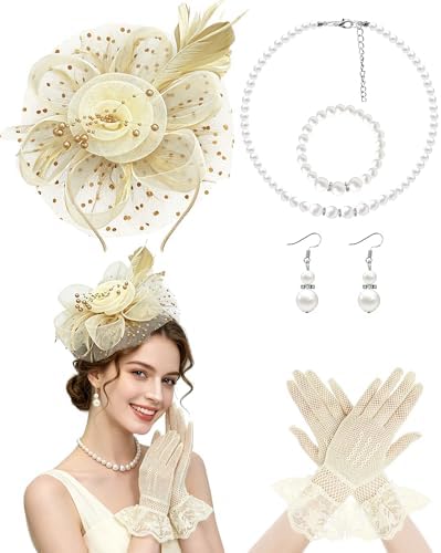 Fascinator Hat Clip and Lace Bowknot Gloves Set for Women Fascinators Hat Clip Hat Wedding Cocktail Tea Party Headwear  main image 3