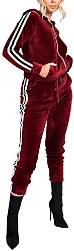 Women's Hoodie Sweatsuit Zip Up Jogging Long Sleeve+Long Pants Velour Striped Tracksuit Set with Pocket