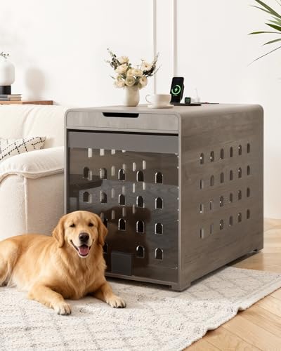 Modern Dog Crate Furniture with Charging Station Large Kennel Indoor with Flip-…