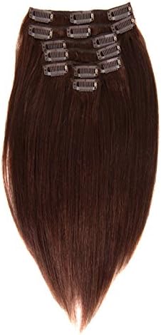 abHair Clip in 100% Human Hair Extensions Silky Soft Yaki Straight 60-65g Full Head 7 Piece 14" 16"(#4 Medium Brown, 14"-60g)