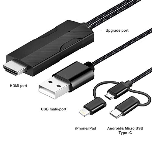 YEHUA 3 in 1 Mirascreen Wired Display Digital USB to HDMI Mirroring Screen 4K Cable with HDMI, Micro-USB, Type C Port Adapter for Android 4.4+ iOS 9.0+ Device Mobile Digital AV Adapter