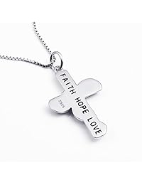 Collar con colgante de circonita cúbica de cruz fe esperanza amor. Plata esterlina 925. Cadena cuadrada de 18 pulgadas.