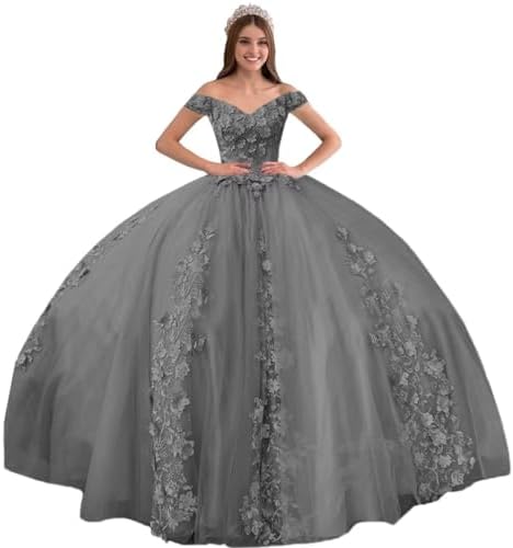 grey 15 dresses Grey Flower Applique Vintage Prom Dresses Cheap Tulle Quinceanera Dresses ARD1121