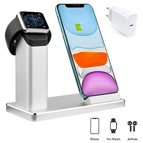LYASI Kabelloser Ladeständer, 2 in1 Aluminium Dockingstation kabellose Ladeständer Aus mit 18W/USB-C Adapter.15W Wireless Charger, kompatibel Apple Watch 5/4/3/2/1/iPhone 11/Pro Max/X/XS/XR