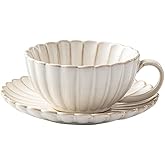 Colias Wing 9 Oz Petal Series Retro Design Ceramic Tea Cup Coffee Mug Travel Mug with Saucer-White