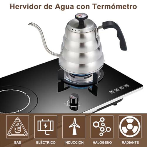 Hervidor de Agua con Termómetro 1.2L, Café Tetera de Cuello de Cisne Acero Inoxidable para Verter sobre Café, Mango Antioxidante, Cafe Goteo a Mano, Prensa Francesa Hervidor de Té para Estufa Cafetera