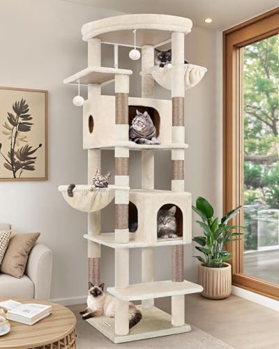 Globlazer Cat Scratching Post Beige XXL 188 cm with 2 Extra Large Cat Houses 50 x 30 x 30 cm, Enlarge Platform Padded, 2 Cat Baskets, Sturdy Cat Tree Corner Tilt-Proof for Large Cats, Heavy (S74, Beige)