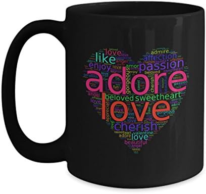 Love Words Cloud in Heart - coffee mugs for men women him / her black ceramic tea cup (15 oz.)