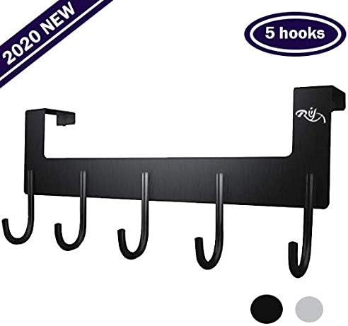 Rongyuxuan Over The Door Hook Hanger, Punch Free Coat Hooks Heavy-Duty Organizer for Coat, Hat, Towel, Bag, Robe, Umbrella - 5 Hooks, Aluminum,Reuses (Black)