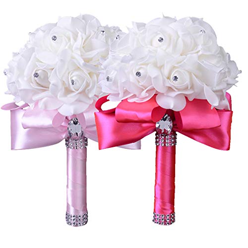 Wedding Bouquet, Silk Rose Wedding Bride Bouquet,Crystal Pearl Silk Peony Bridesmaid Hand Bouquet Artificial Fake Flowers for Wedding Party Church Home Garden Balcony Floral Decoration (Hot Pink)