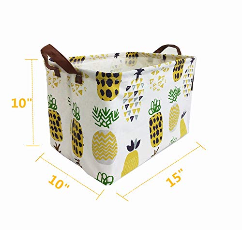 TIBAOLOVER Square Natural Linen & Cotton Fabric Storage Bin with Handles for organizing Kids Toy/Playroom Organization/Toy Bin/Closet/Shelf Baskets/Baby Hamper(Yellow Pineapple)
