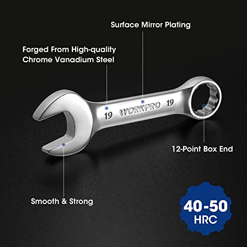 WORKPRO 12-piece Stubby Combination Wrench Set, Metric 8-19mm, CR-V Steel Wrenches, Combination Ended Spanner Kit with Storage Case