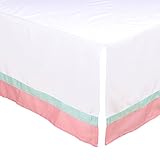 White Tailored Crib Skirt with Coral Pink and Mint Green Trim by The Peanut Shell