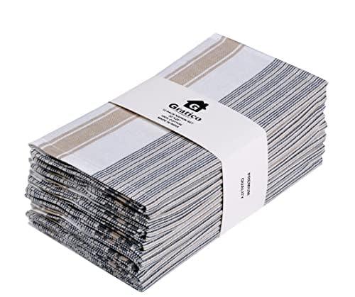 Photo 1 of [20x20] Cloth Napkins Set of 12 Cotton, Dinner Napkins Cloth Washable, Italian Stripes Premium Over Sized Grey/Beige/Ivory Cloth Napkins with Mitered Corners, Ultra Soft, Durable Hotel Quality