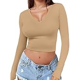 Womens Long Sleeve Crop Top Crew Neck Y2K Shirt Sexy Slim Fitted Casual Base Layer Soft Workout Shirt Going Out Tops