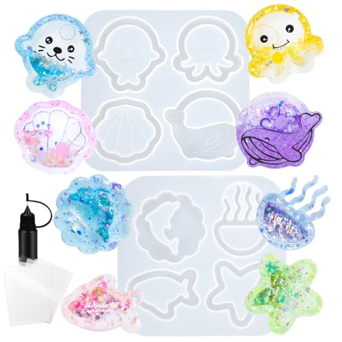 Resin Shaker Molds Set Sea Animals Keychain Charms Pack of 8 Epoxy Silicone Trays Precision Tip Applicator Bottle Kit Bundle