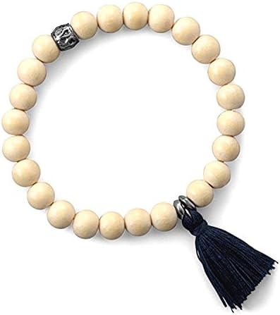 Wood Bead Stretch Bracelet with Dark Green Fringe Tassel