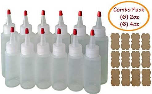 SanDaveVA Brand 12 Versatile Plastic Highly Squeezable LDPE Bottles Yorker Caps includes Kraft Labels & 6 Long Replacement Over-Caps Cake Decorating Condiment Paint Glue Combo (6) 2oz LDPE (6) 4oz