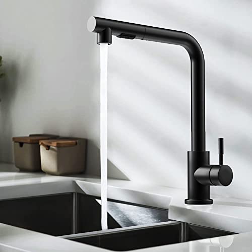 EYSCOTA Küchenarmatur, Spültisch-Mischbatterie aus massivem Messing mit Pull-Down-Sprayer, Einhebel-Einloch-360 ° -Spültischarmatur kalt und heiß, mattschwarz
