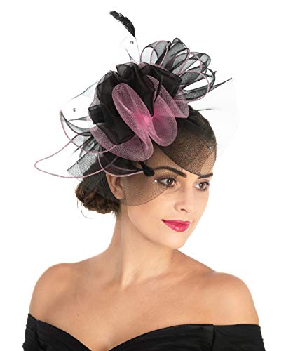 Women's Organza Church Kentucky Derby British Fascinator Bridal Tea Party Wedding Hat Summer Ruffles Cap（Rose Black Line） - Thumbnail 4