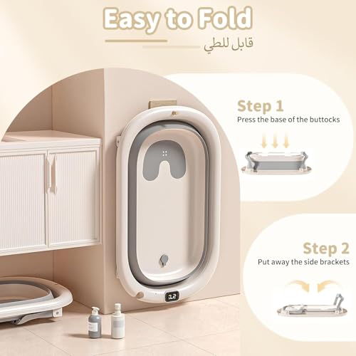 Foldable Baby Bath Tub with Seat, Portable Infant Bathtub, Drain Hole and Thermometer, Anti-Tip Legs, Non-Slip Shower Basin for 0-8 Years Boy Girl