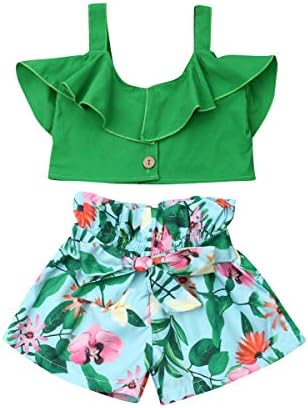 2 Pcs Toddler Baby Girl Summer Outfits,Ruffle Off Shoulder Crop Tops,Floral Wide Leg Pants with Bowknot Belt