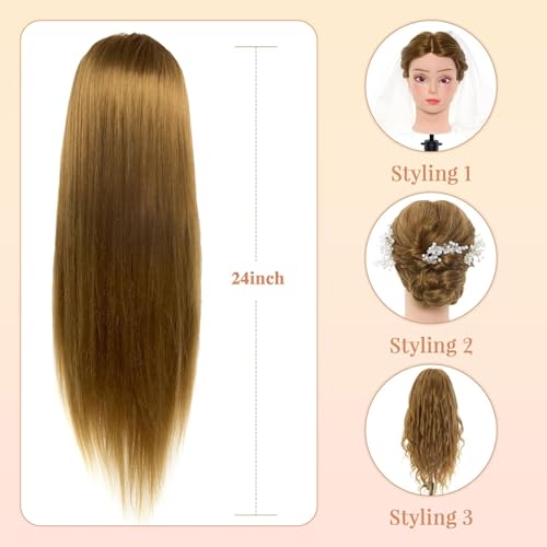 Neverland Hairdressing Head 24 Inches 50% Real Hair Styling Head Mannequin Mannequin Doll for Hairdressing with Stand + DIY Styling Accessories | Hairdressing Mannequin Head with Table Stand and Hair Braids Set