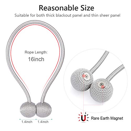 Deluxe Magnetic Curtain Tiebacks with Unique Wooden Balls, 2 Pack Decorative Drapery Holdbacks Rope Holder for Home Kitchen Office Window Sheer Blackout Drapes, Silver Gray - Thumbnail 2