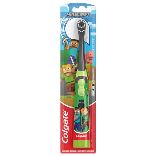 COLGATE KIDS BATTERY POWERED MINECRAFT TOOTHBRUSH, EXTRA SOFT KIDS BATTERY TOOTHBRUSH WITH 1 AA BATTERY INCLUDED, MADE FOR AGES 3 AND UP, FEATURES EASY ON AND OFF SWITCH, FLAT LAY HANDLE, 1 COUNT