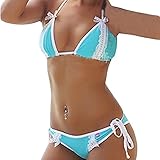 Women Sexy Brief Close-fitting Two-piece Strapless Bathing Suits Bikini Swimwear (White-Blue, M)
